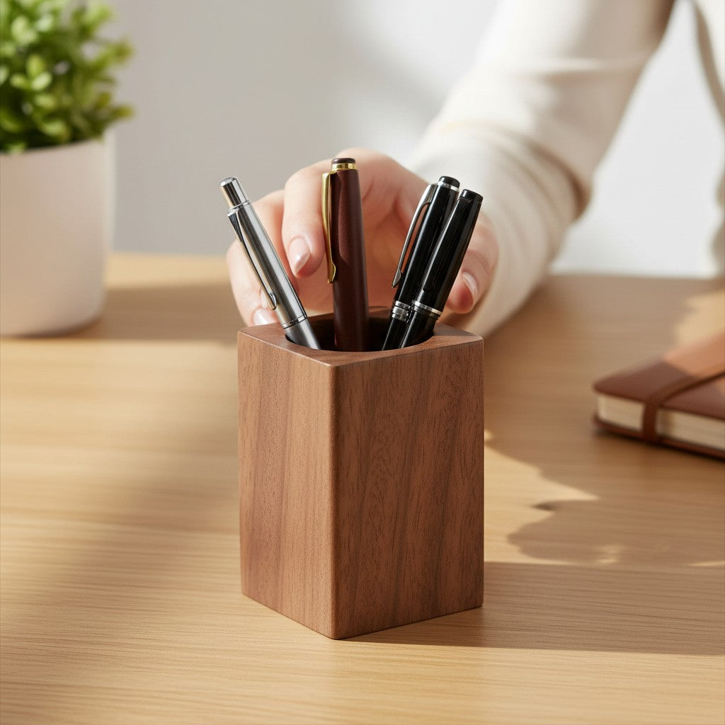 Doctor Desk walnut wood pen holder on a desk with a hand reaching for a pen, showing a minimal vintage design.