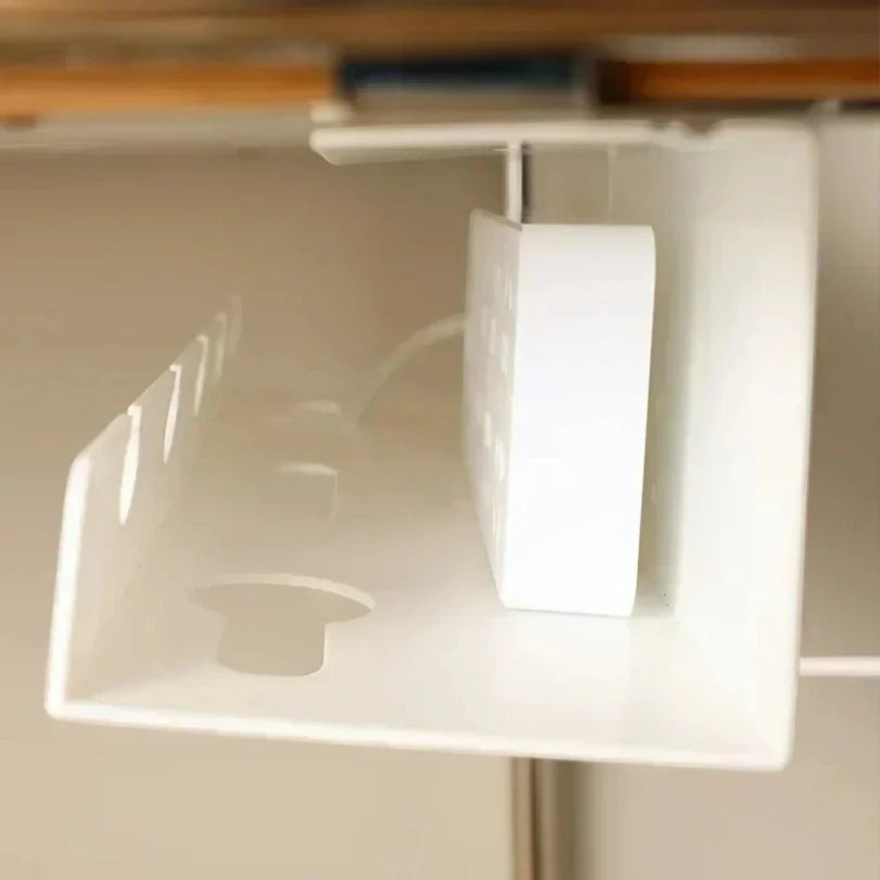 Doctor Desk white under desk cable management tray with clamp mount holding a power strip