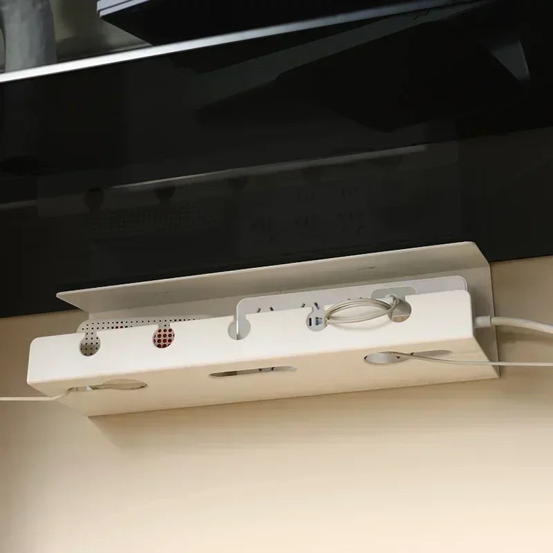 Doctor Desk white under desk cable tray with clamp mount holding a power strip and organized cables