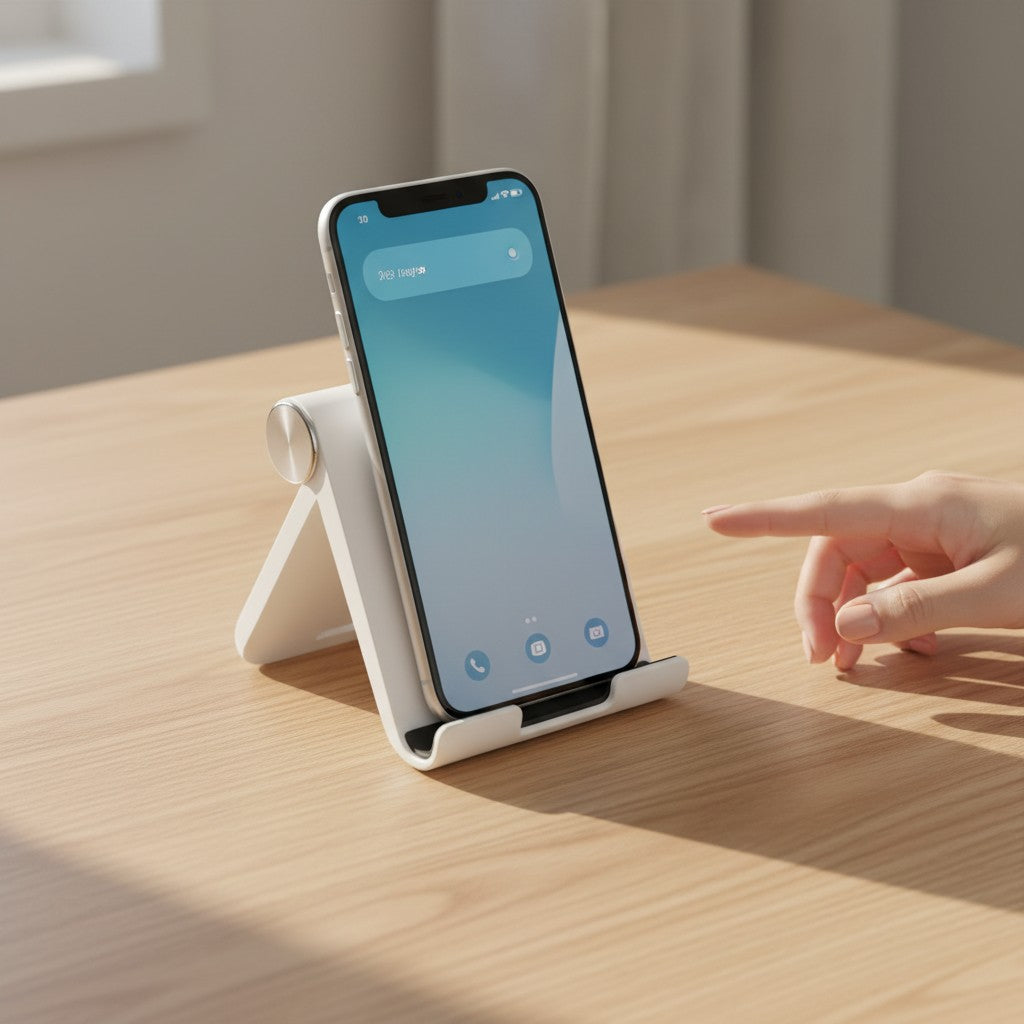 Doctor Desk white foldable phone stand holding a smartphone on a wooden desk with an adjustable viewing angle.