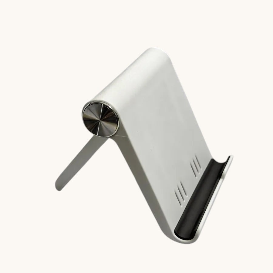 Doctor Desk white foldable phone stand with adjustable angle and anti-slip base for desktop use.