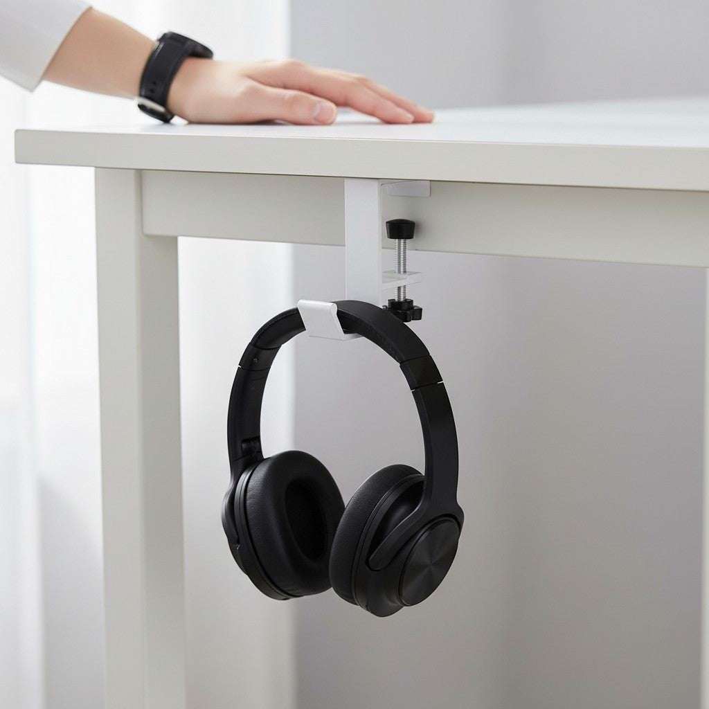 Doctor Desk white adjustable punch-free headset hook clamped to a desk edge holding black over-ear headphones