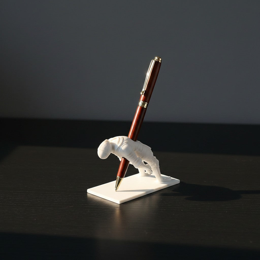 Doctor Desk white resin kneeling knight figurine pen holder on a dark desk surface holding a brown pen