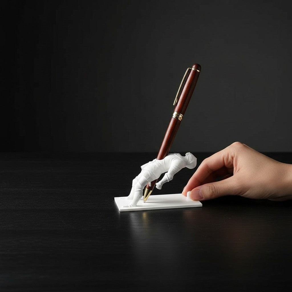 Doctor Desk white resin kneeling knight figurine holding a dark wood pen on a black desk surface