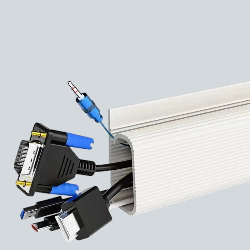 Doctor Desk white PVC cable management tray organizing various computer cables and connectors under a desk surface