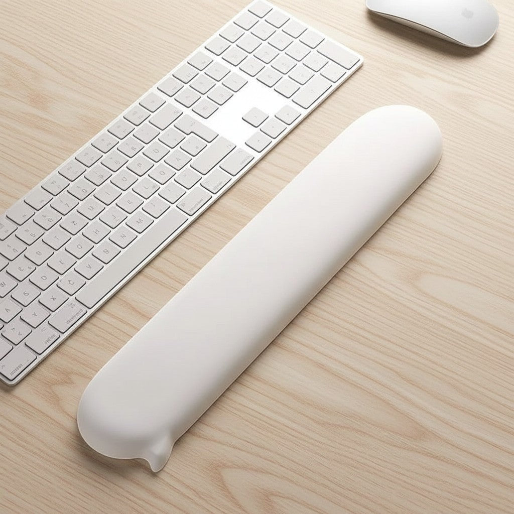 Doctor Desk white silicone ergonomic keyboard wrist rest on a light wood desk surface next to a white keyboard.