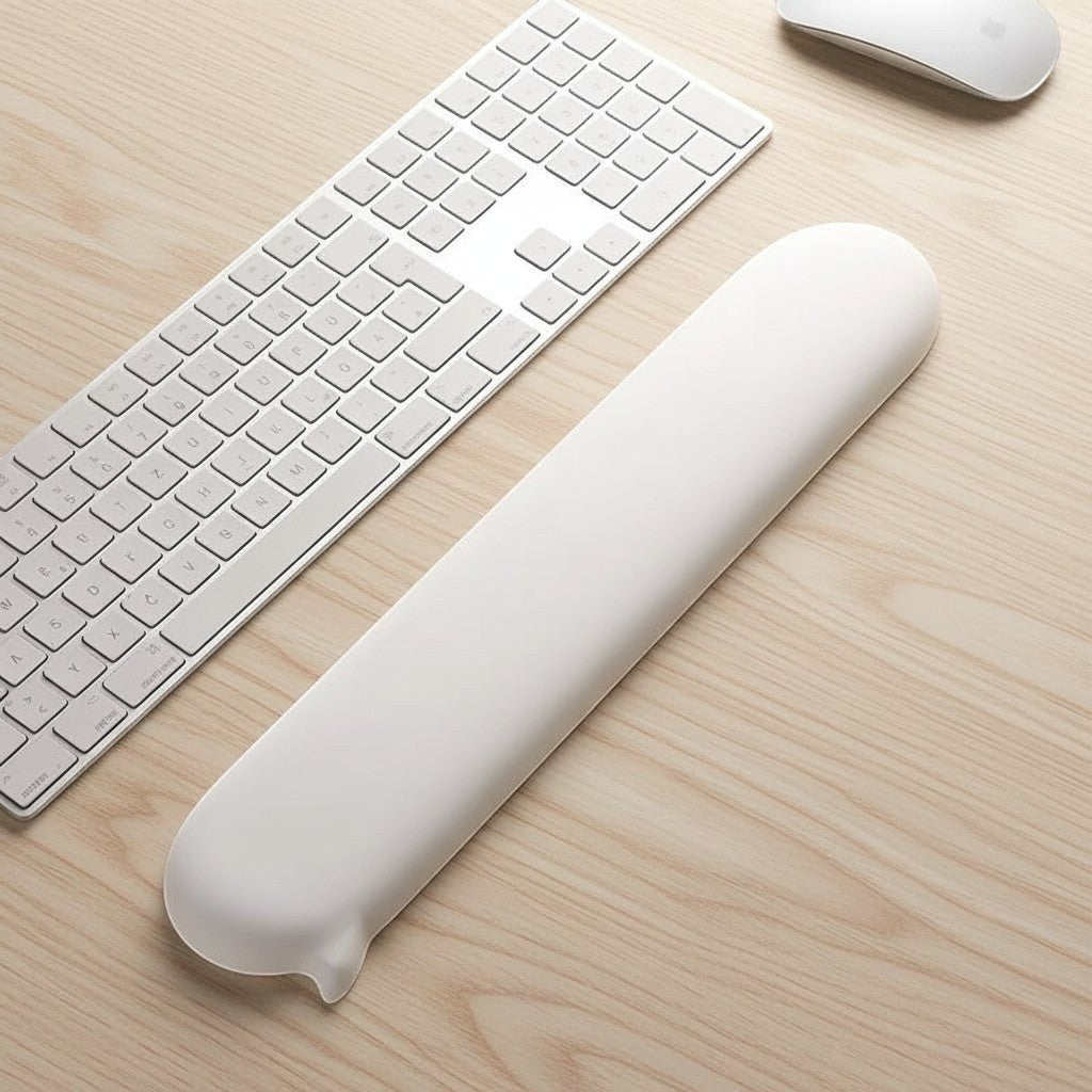 Doctor Desk white silicone ergonomic keyboard wrist rest on a light wood desk surface next to a keyboard