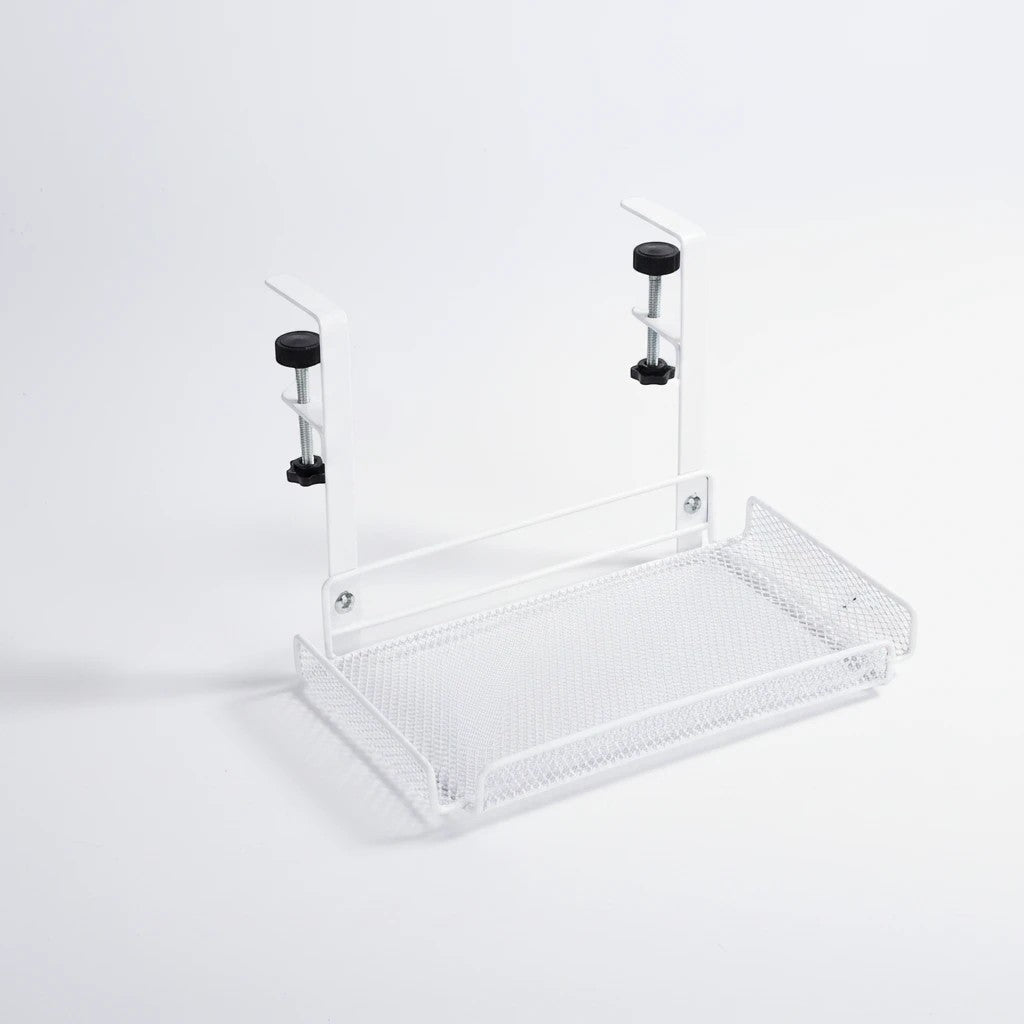 Doctor Desk white steel under desk cable management tray with adjustable clamp mounts for easy installation.