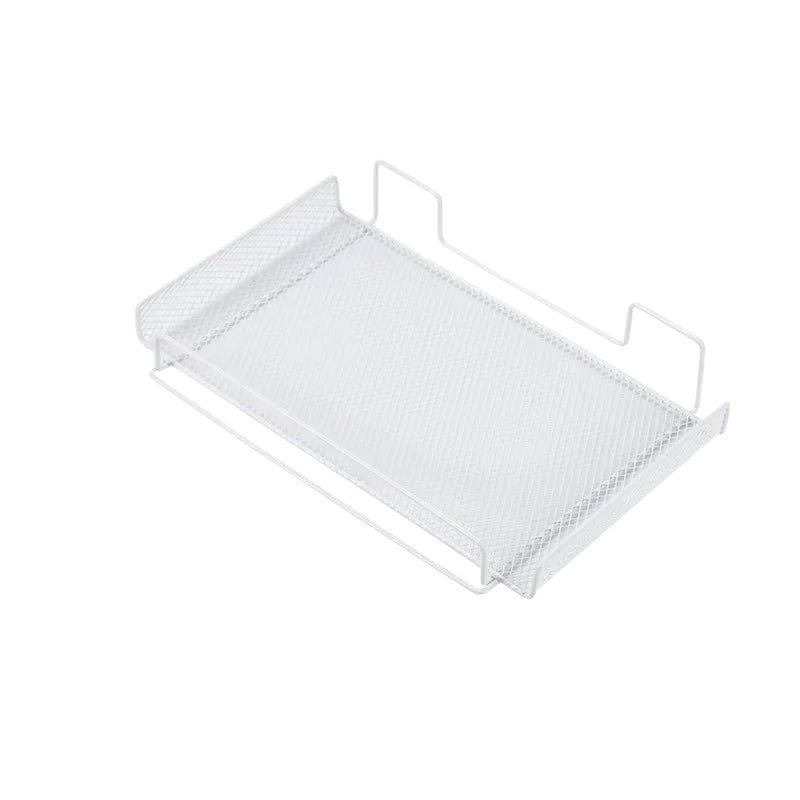 Doctor Desk white steel mesh under desk cable management tray for organizing power strips and cords.
