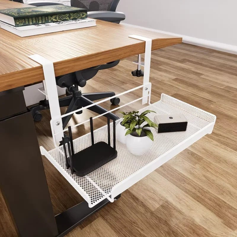 Doctor Desk white steel under desk cable management tray with mesh design attached to a wooden office desk