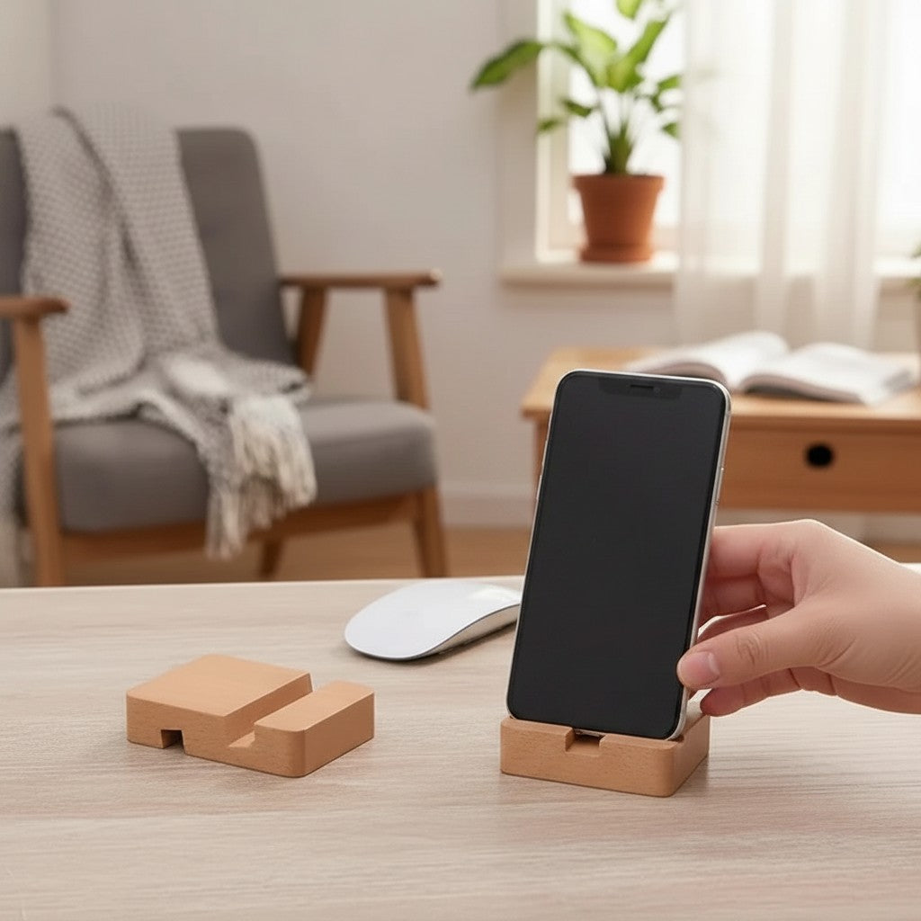 Doctor Desk wooden double slot phone stand holding a smartphone on a minimalist office desk