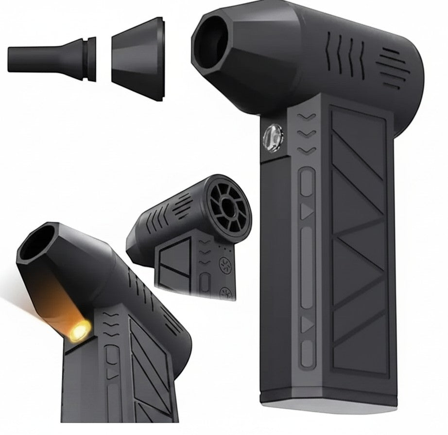 Doctor Desk X6 Turbo rechargeable black air blower with 3 speed settings, built-in flashlight, and nozzle attachments.
