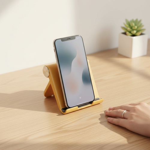 Doctor Desk yellow foldable phone stand holding a smartphone on a wooden desk with a small succulent plant nearby.